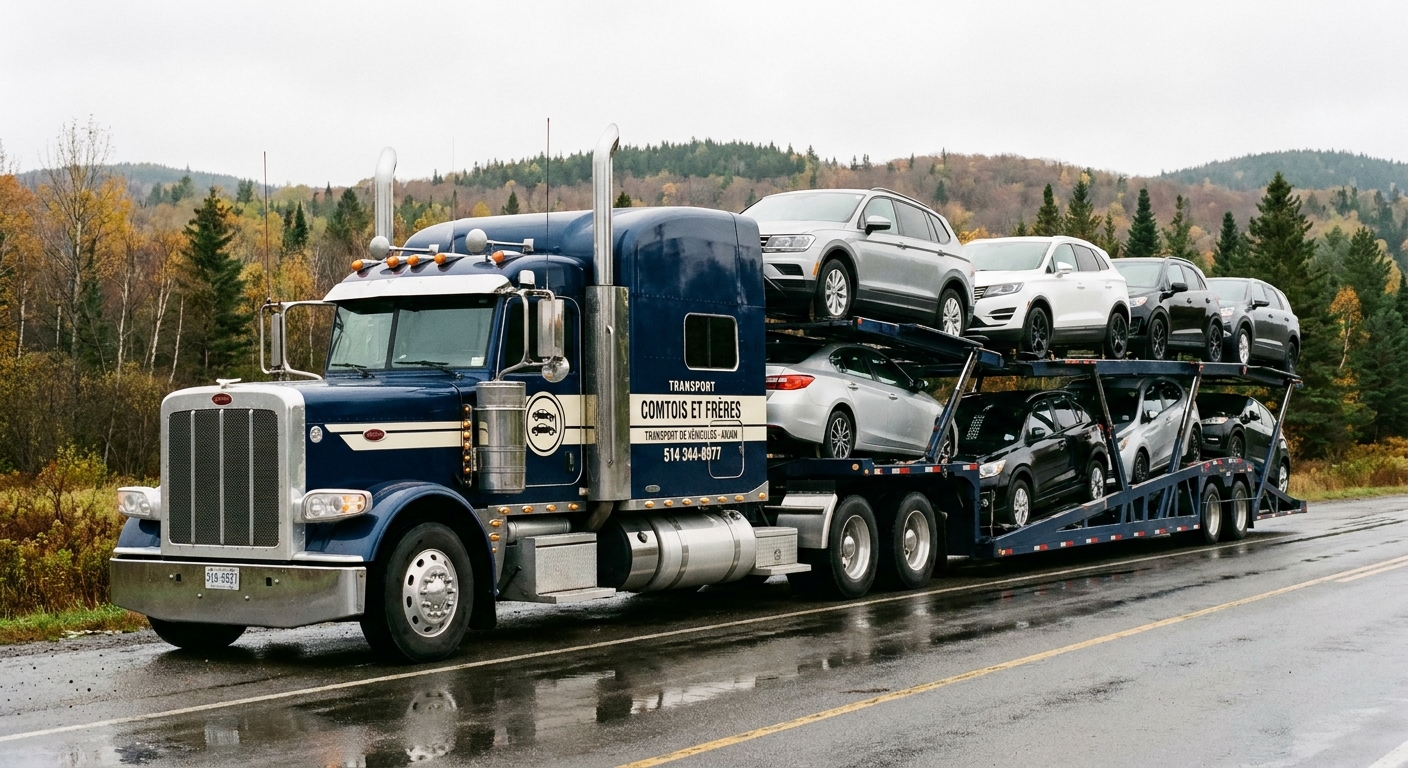 Camion porte-véhicules Comtois et Frères chargé de voitures sur l'autoroute au Québec
